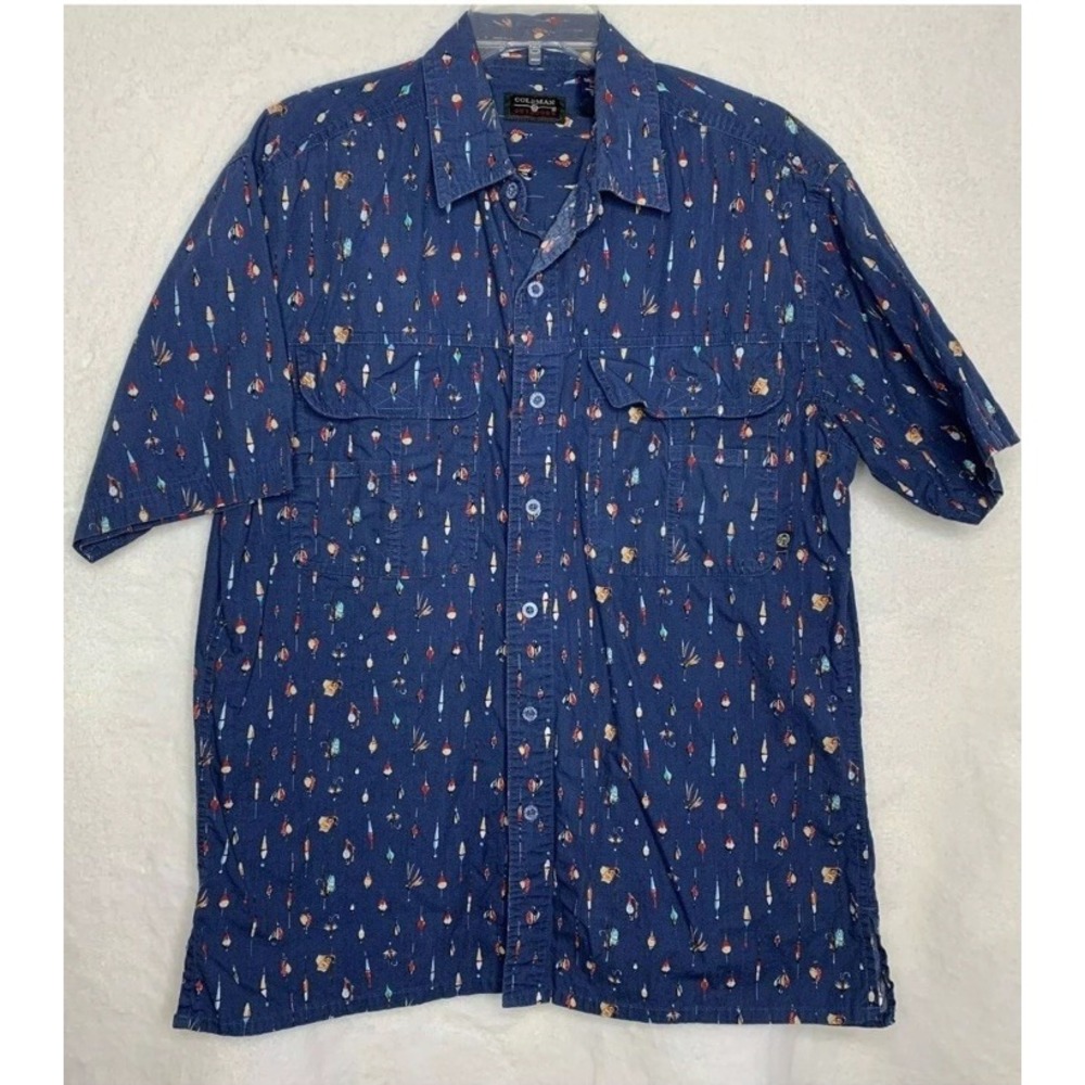 Coleman Men's Fishing Shirt Size Large,  Blue Lures Fly Fishing Pattern. Pockets